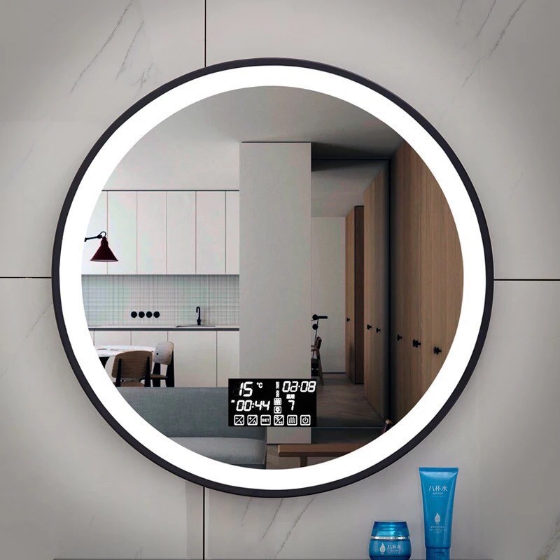 Gương led tròn, khung nhôm mạ đen, đồng hồ, sấy