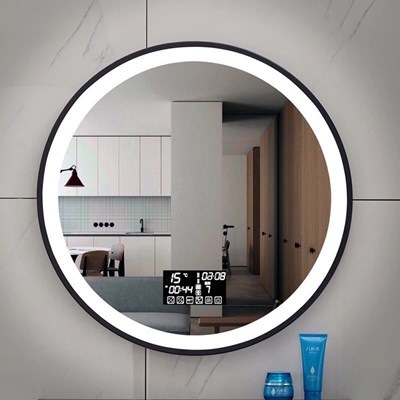 Gương led tròn, khung nhôm mạ đen, đồng hồ, sấy